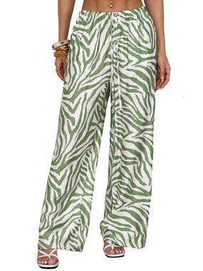 Green Zebra Stripe Wide Leg Drawstring Elastic Waist Pants Size S